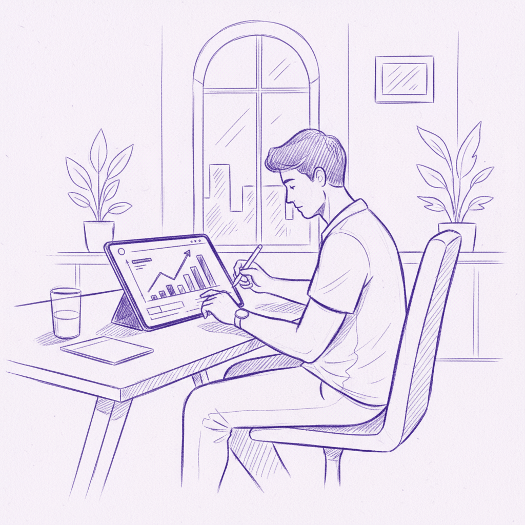 Content creator reviewing analytics dashboard with revenue charts and growth metrics at workspace