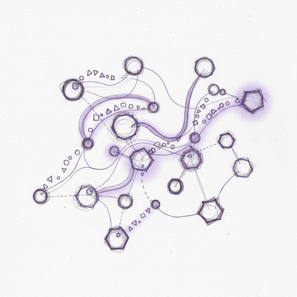Abstract sketch of algorithm workflow showing interconnected nodes and data pathways