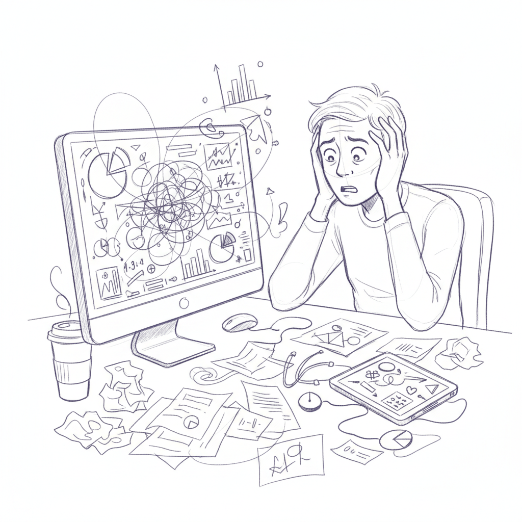 Overwhelmed content creator staring at complex analytics dashboard filled with graphs and data