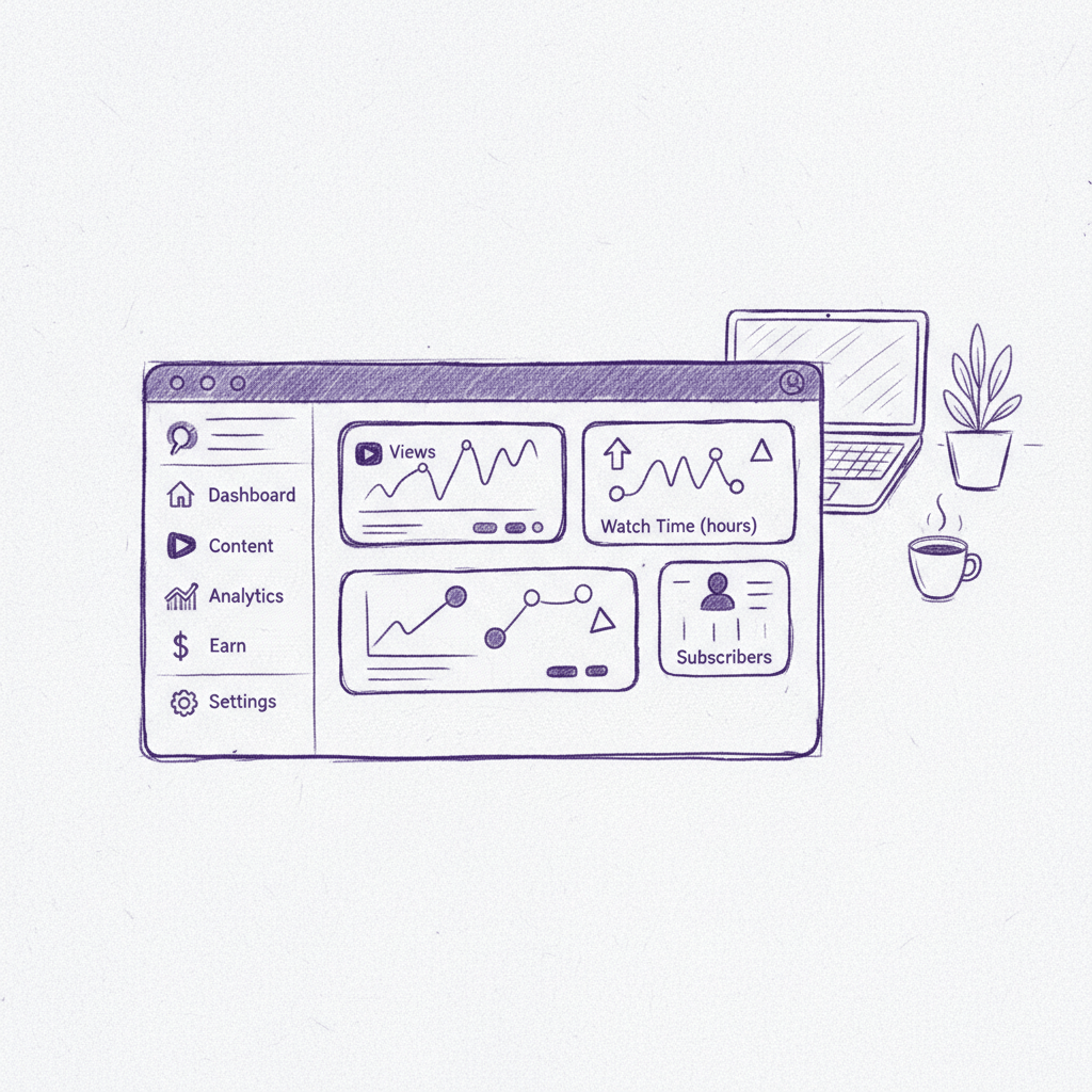 YouTube Studio dashboard interface showing customizable metric cards and organized navigation