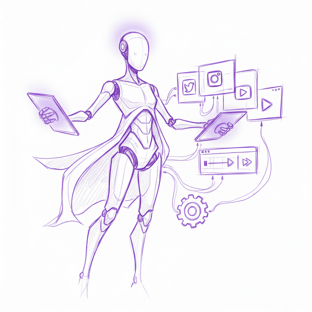 Pencil sketch of AI robot automating video editing across multiple platform screens