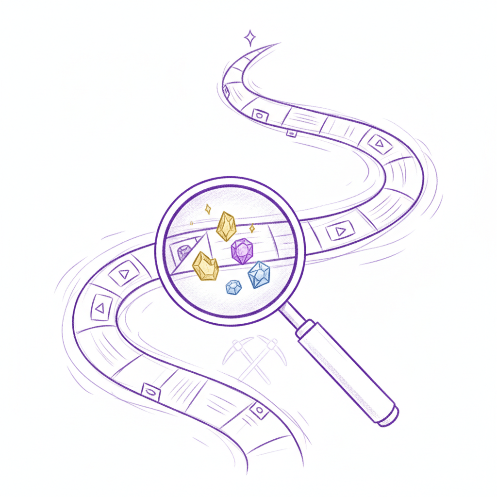 Pencil sketch of magnifying glass discovering gems hidden in video timeline