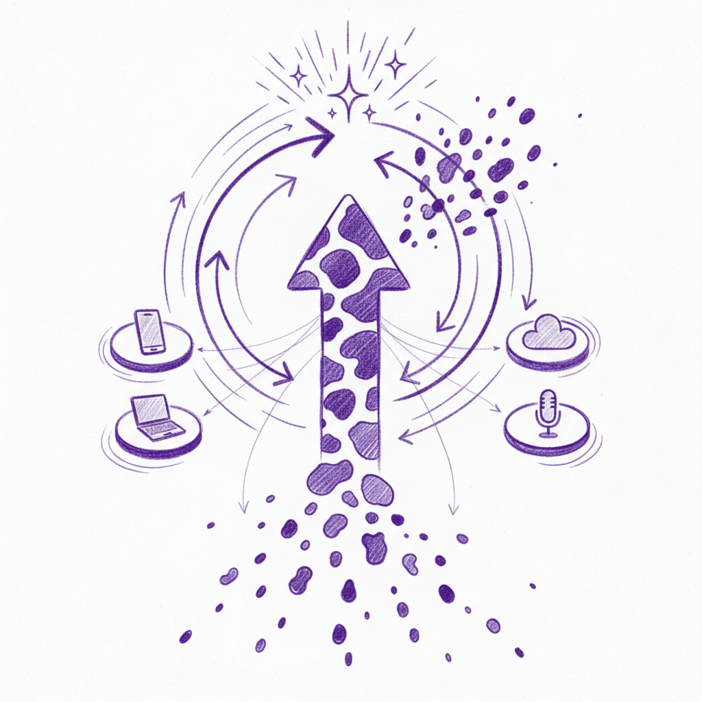Pencil sketch of upward growth arrow with content multiplying across platforms in flywheel pattern