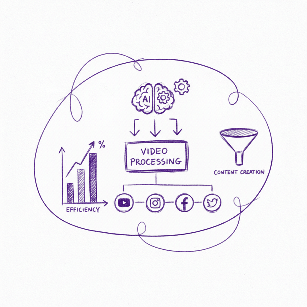 Automated workflow dashboard with AI processing videos and multiple platform icons