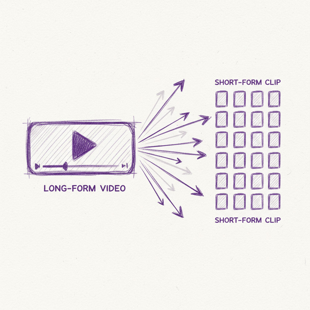 Single long-form video transforming into multiple short-form clips with multiplication arrows