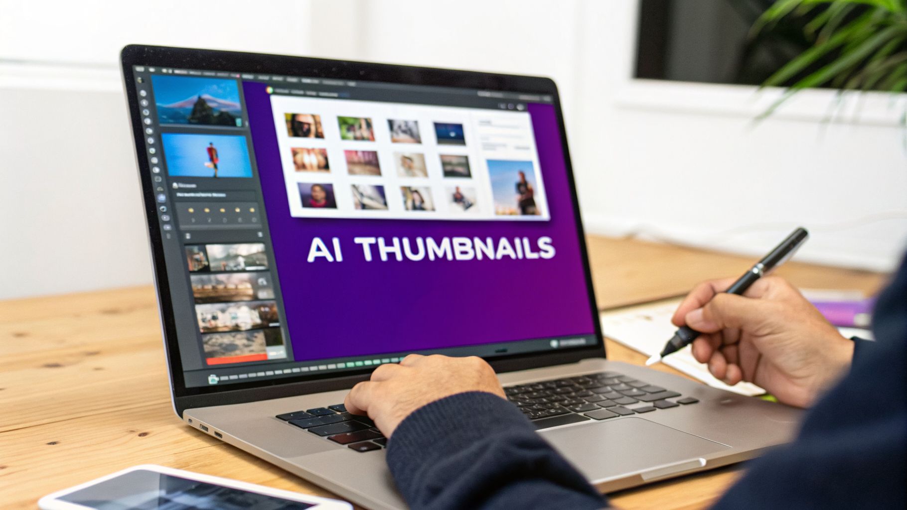 A person working on a laptop displaying 'AI THUMBNAILS' and various image previews.
