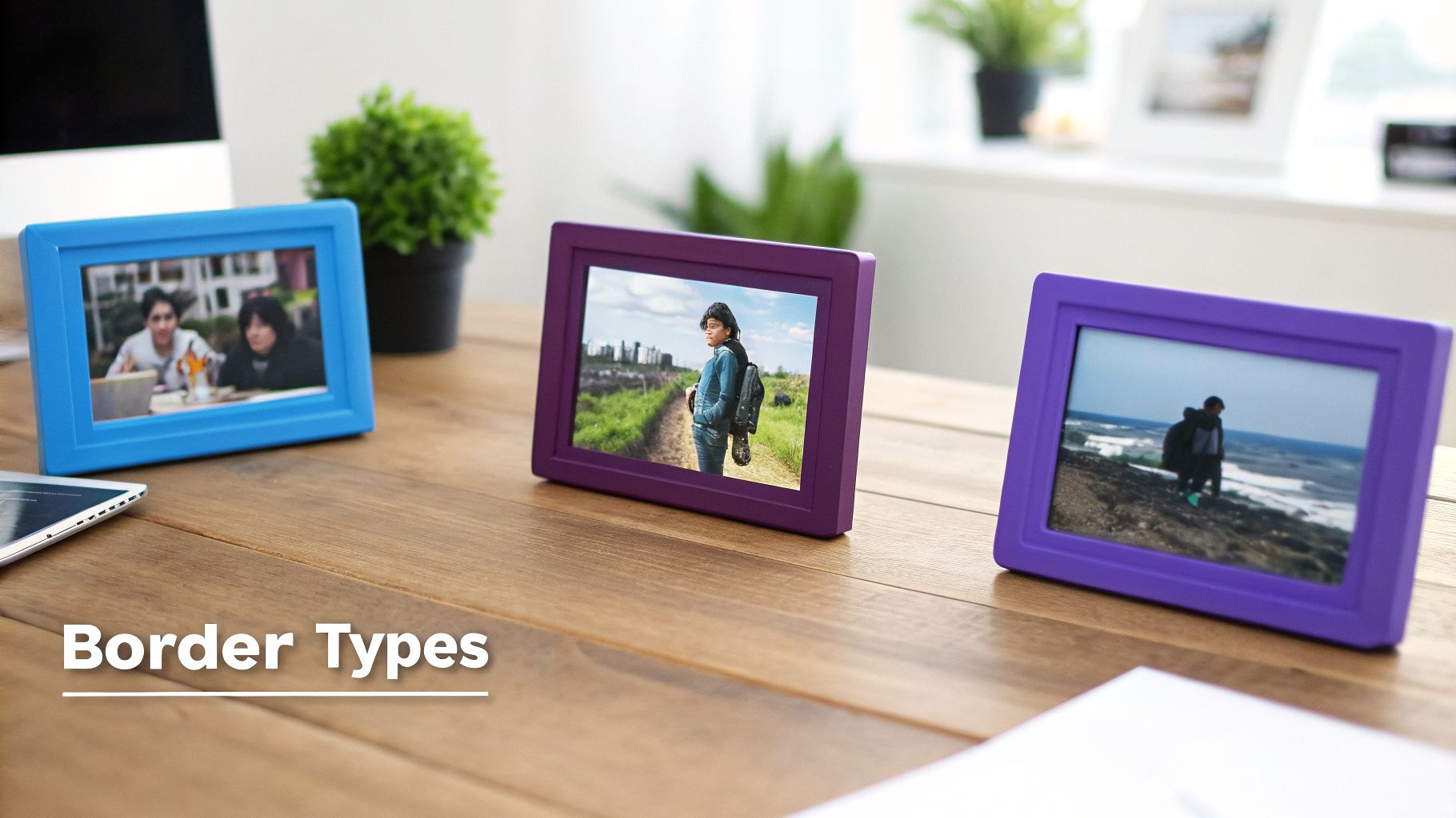 Three digital photo frames with blue and purple borders on a wooden desk, displaying different pictures.