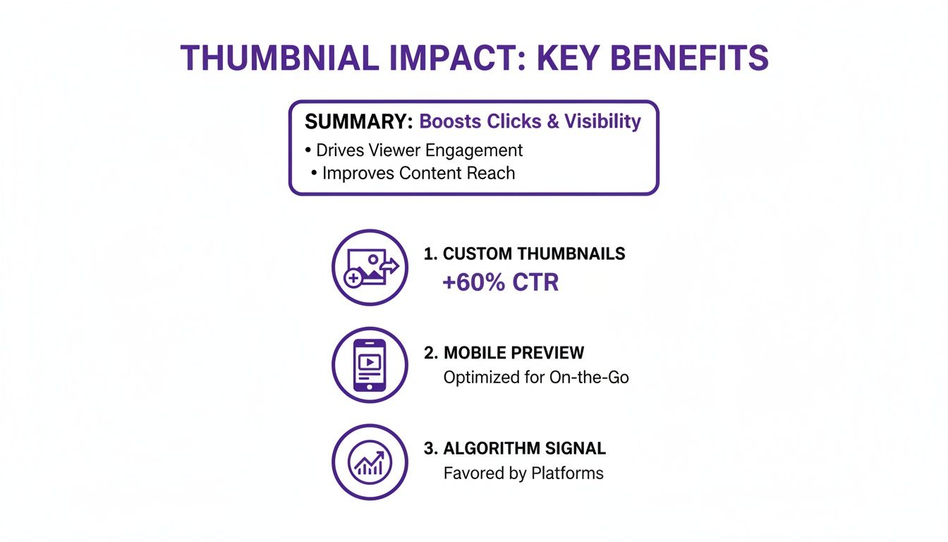 Visual summary of thumbnail impact key benefits, including custom thumbnails, mobile preview, and algorithm signal.
