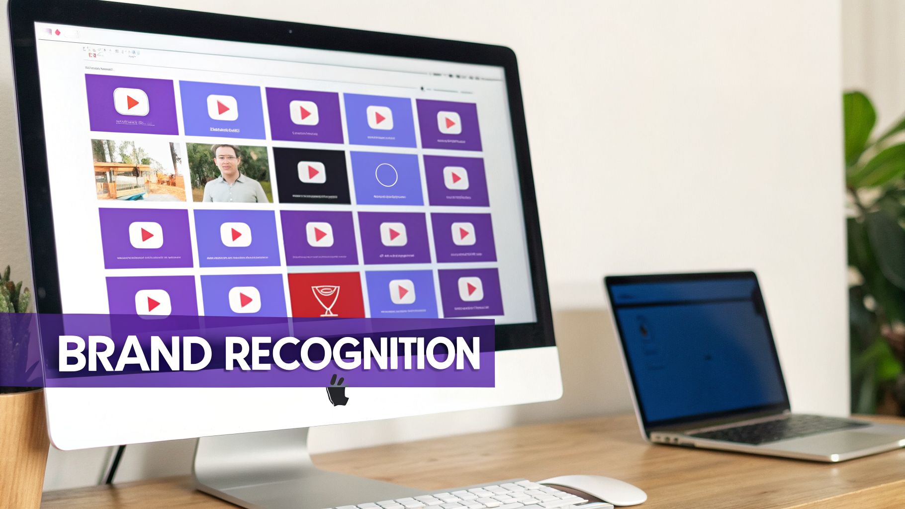 A desktop computer screen displays a grid of video thumbnails, with 'BRAND RECOGNITION' text overlaid.