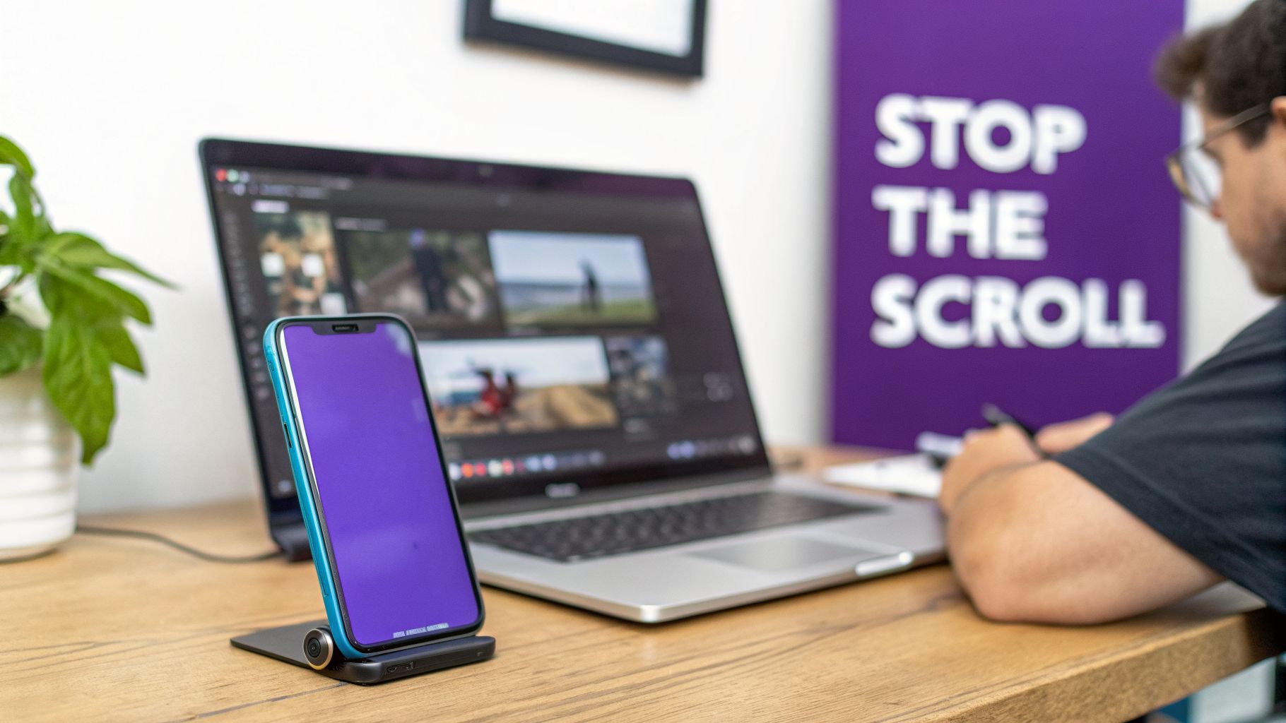 A person works on a laptop showing video editing software, with a smartphone on a desk stand.