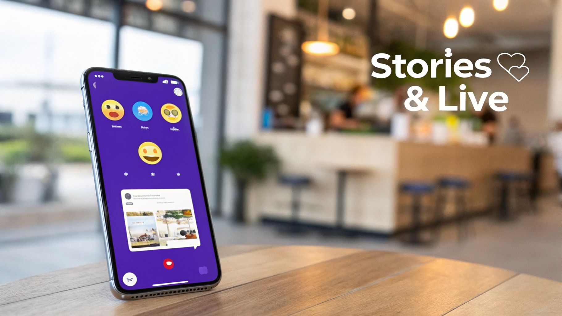 A smartphone displaying a social media app with emojis and image posts, with 'Stories & Live' text overlay in a cafe.