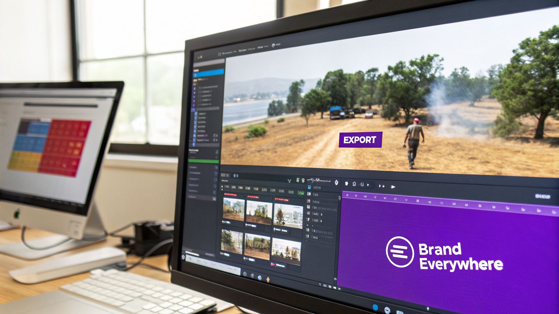 A close-up of a computer screen displaying video editing software with an 'EXPORT' button and a 'Brand Everywhere' logo.