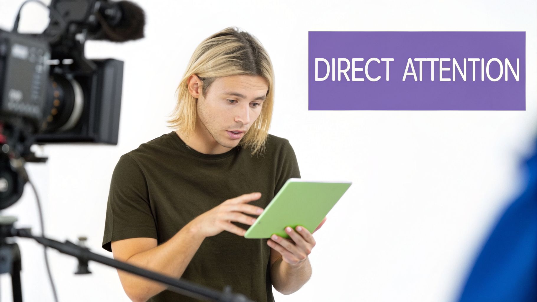 Young man with blonde hair intently interacts with a green tablet in a professional studio setup.