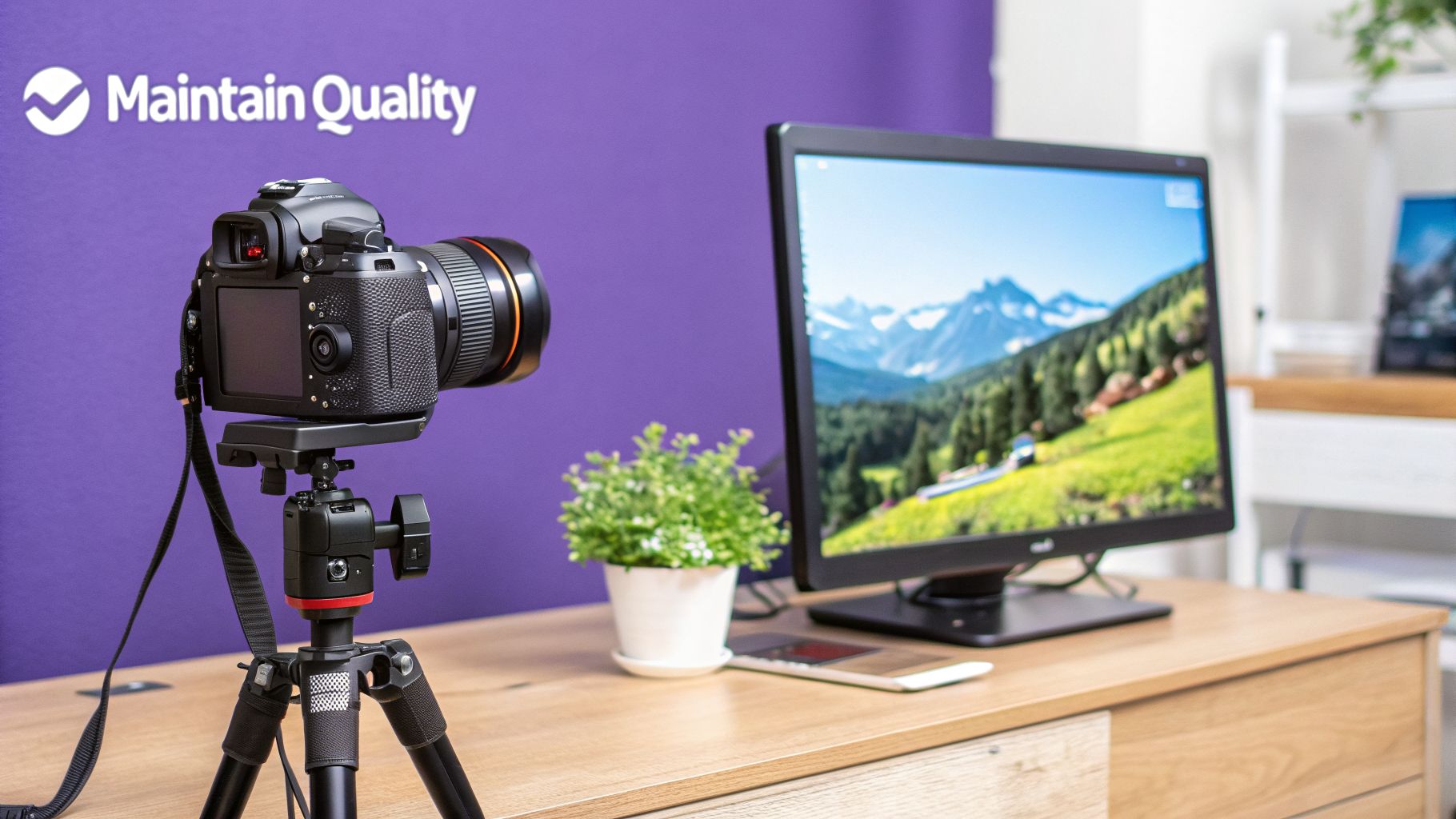 A professional camera on a tripod points at a monitor displaying a mountain landscape, on a wooden desk with a purple wall.