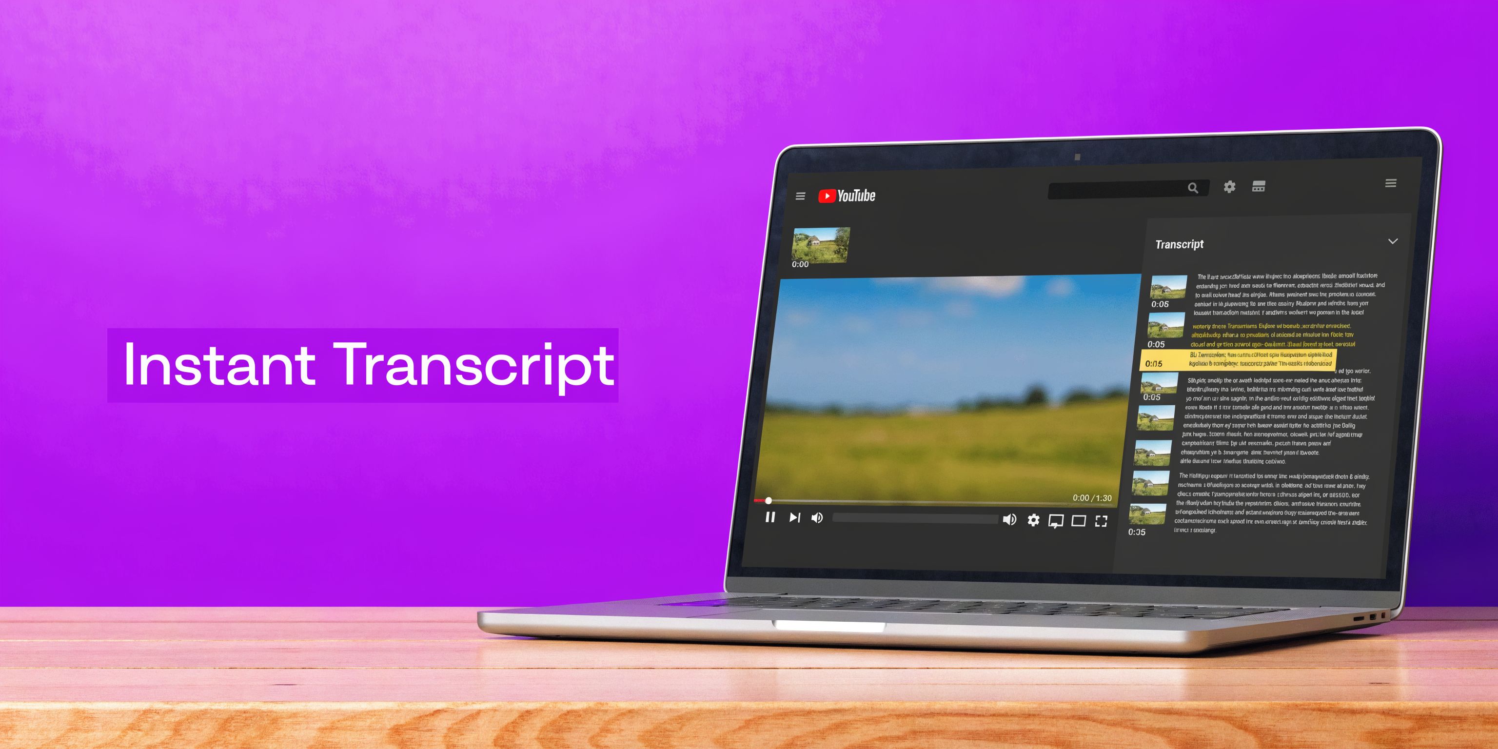 A laptop on a wooden surface displays a YouTube video player with an open transcript window on screen.