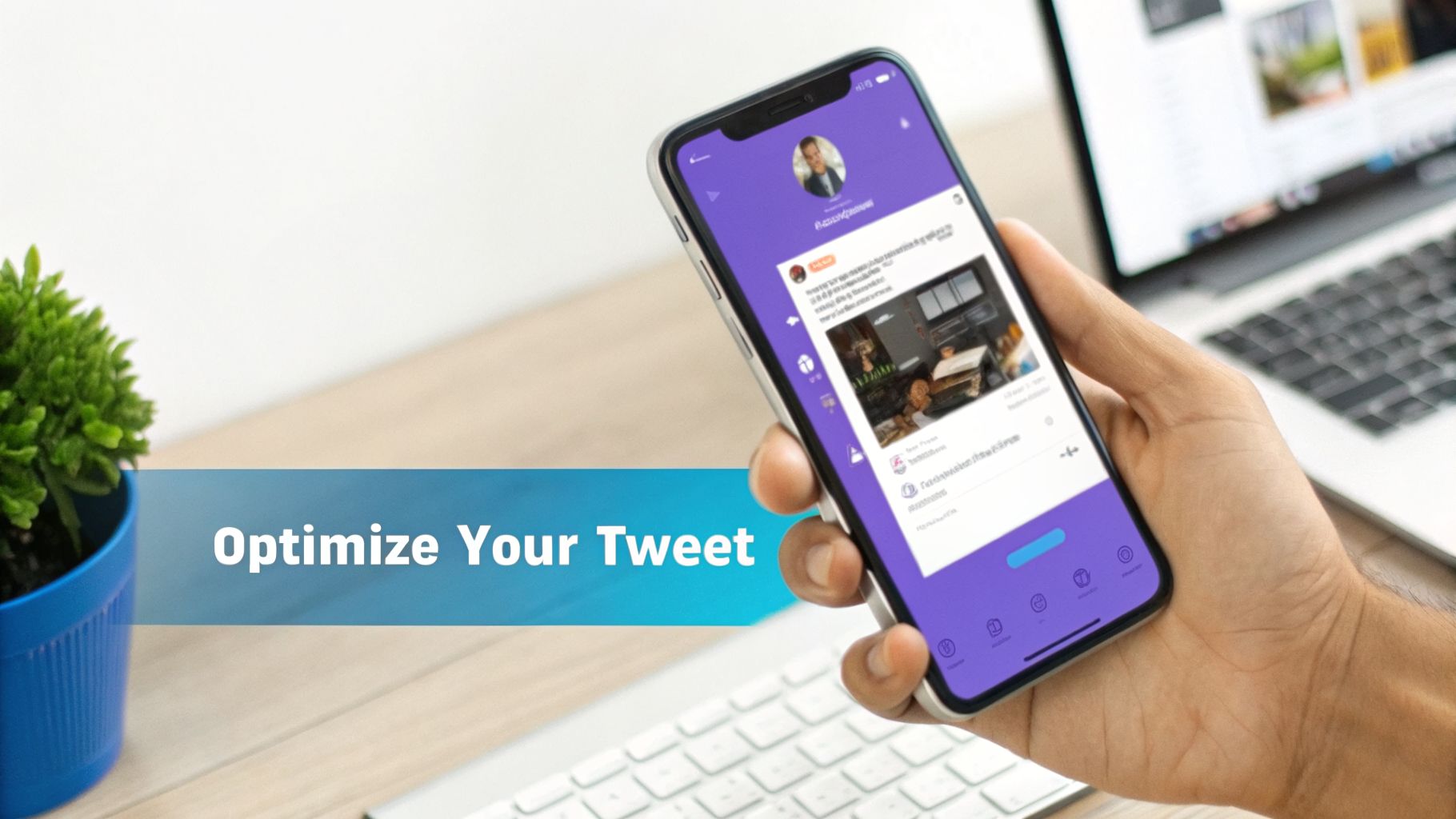 A hand holds a smartphone displaying a social media tweet feed, with a laptop and plant in the background, promoting 'Optimize Your Tweet'.