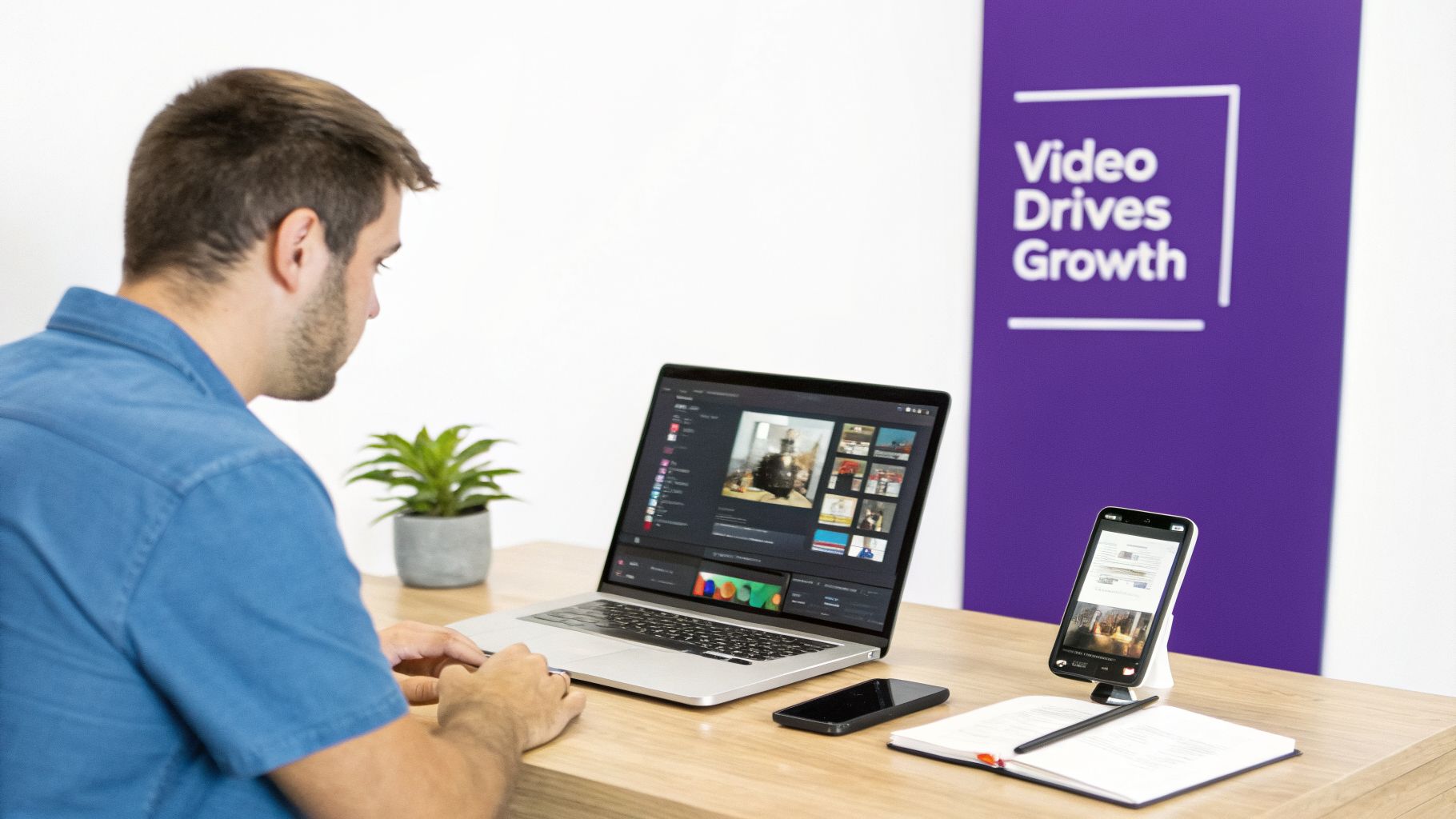 Man working on a laptop with video editing software, a smartphone, and a 'Video Drives Growth' banner.