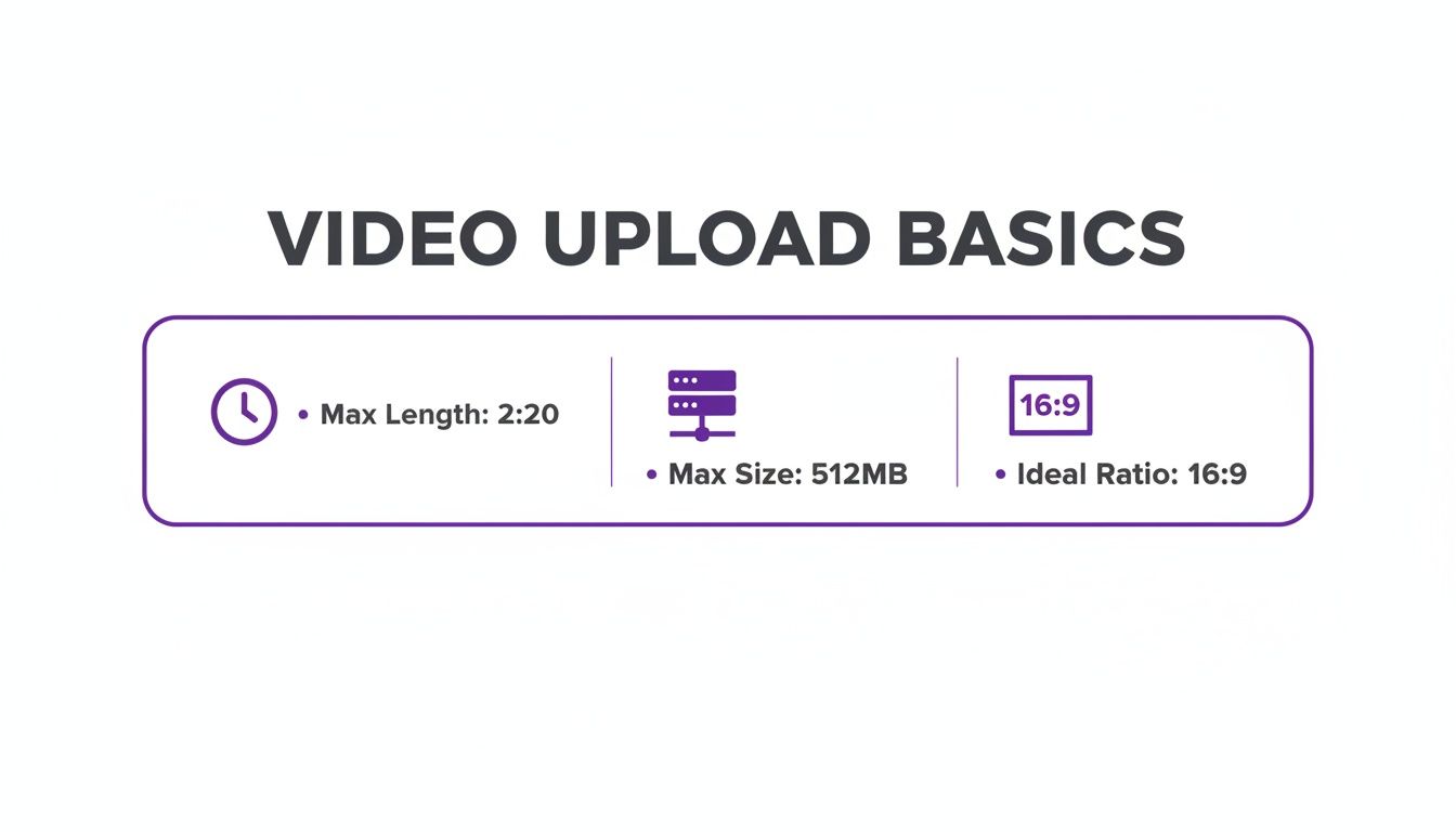 Infographic outlining video upload basics: maximum length 2:20, maximum size 512MB, and ideal 16:9 ratio.
