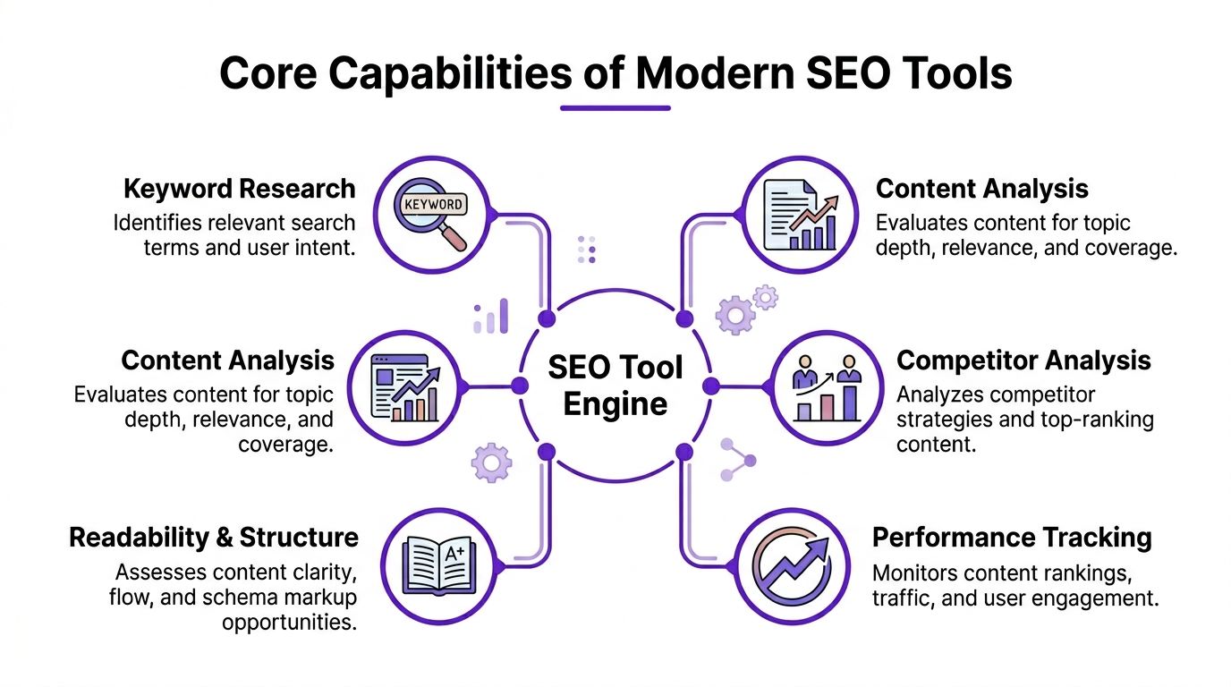 A diagram illustrating the six core capabilities of modern SEO tools, including content, competitor, and performance analysis.
