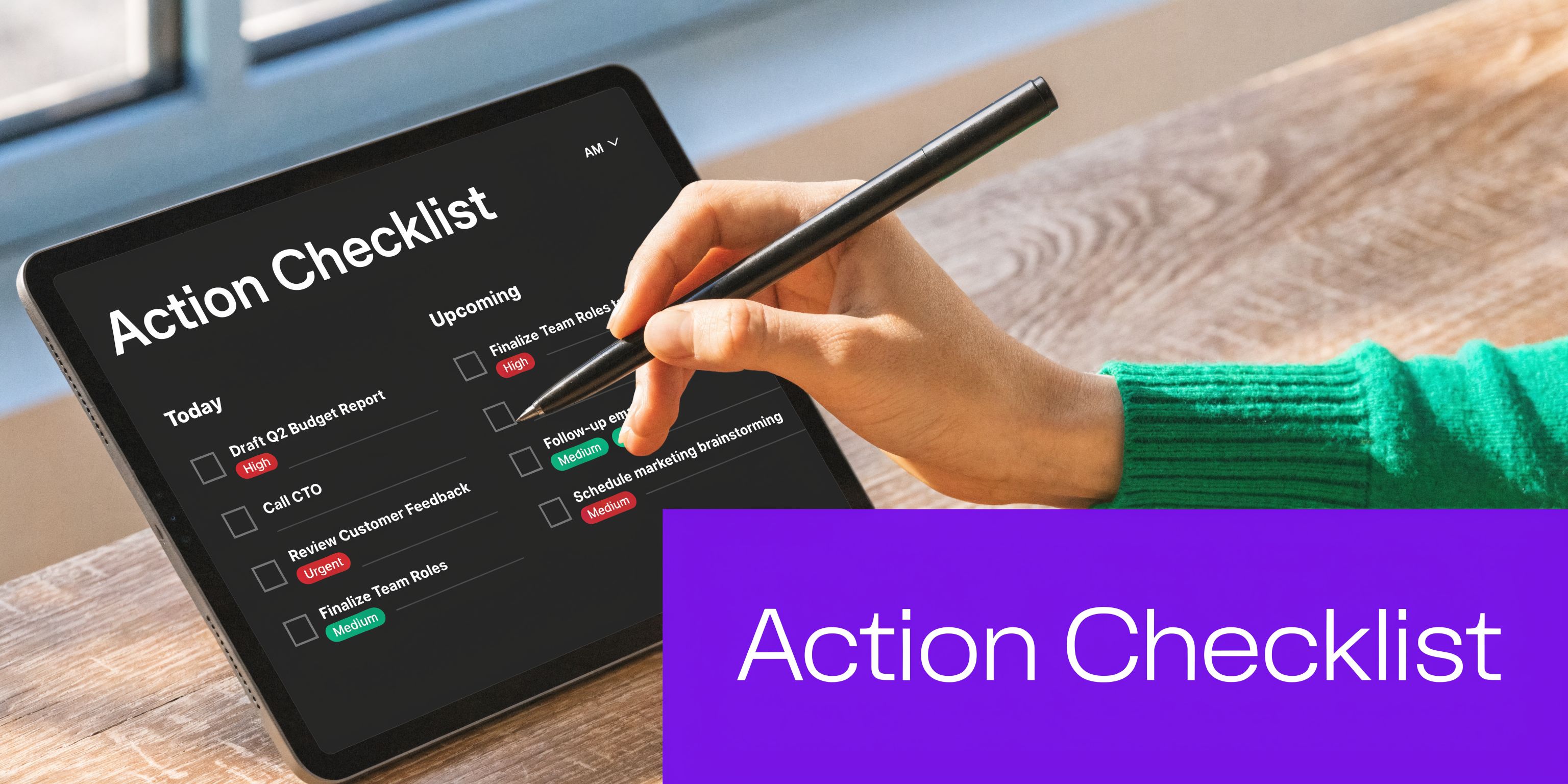 A person using a stylus to interact with an Action Checklist app on a digital tablet screen.