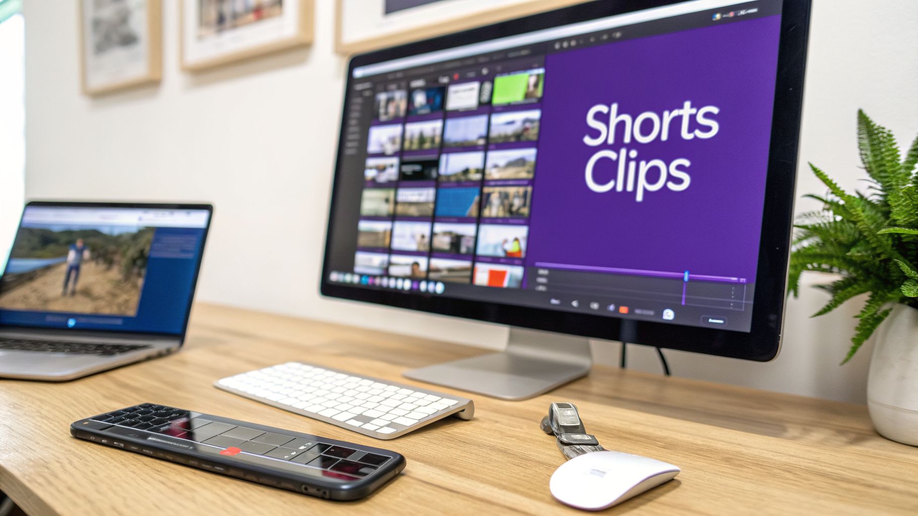 A modern workspace with a monitor displaying video editing software, a laptop, and creator tools.