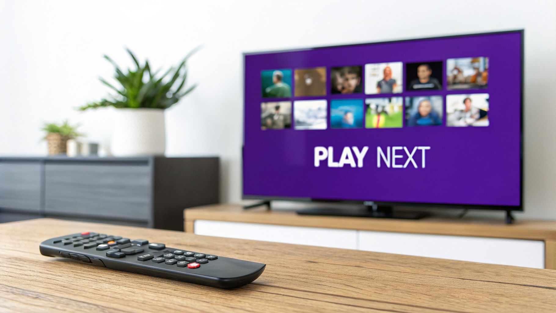 A TV displaying a 'PLAY NEXT' screen with streaming video thumbnails and a remote control.