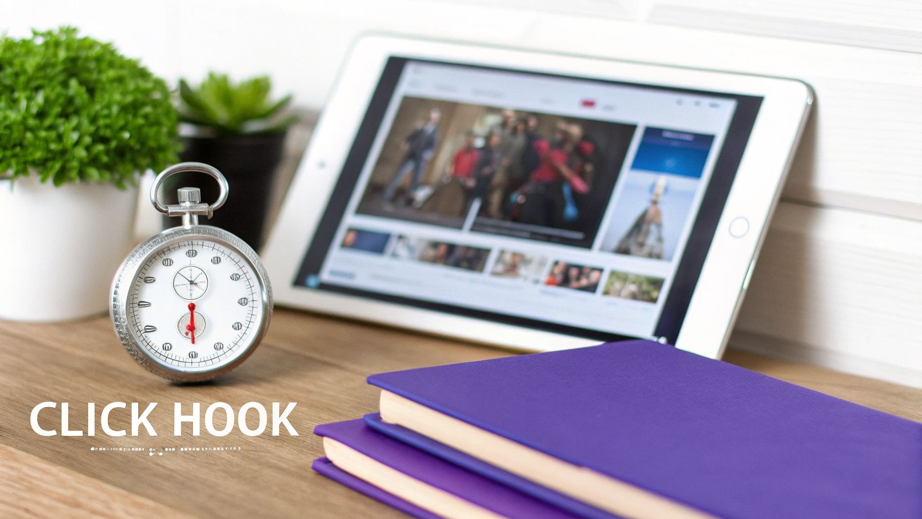 A stopwatch, purple notebooks, and a tablet displaying videos on a wooden desk with plants.
