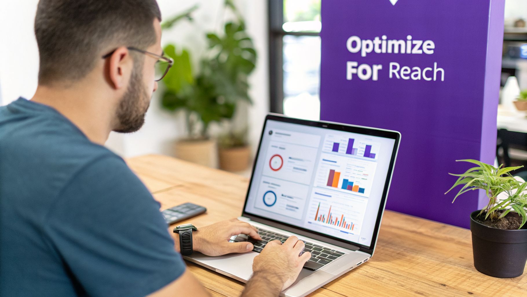 A man in glasses works on a laptop displaying charts and graphs, with an "Optimize For Reach" sign in the background.