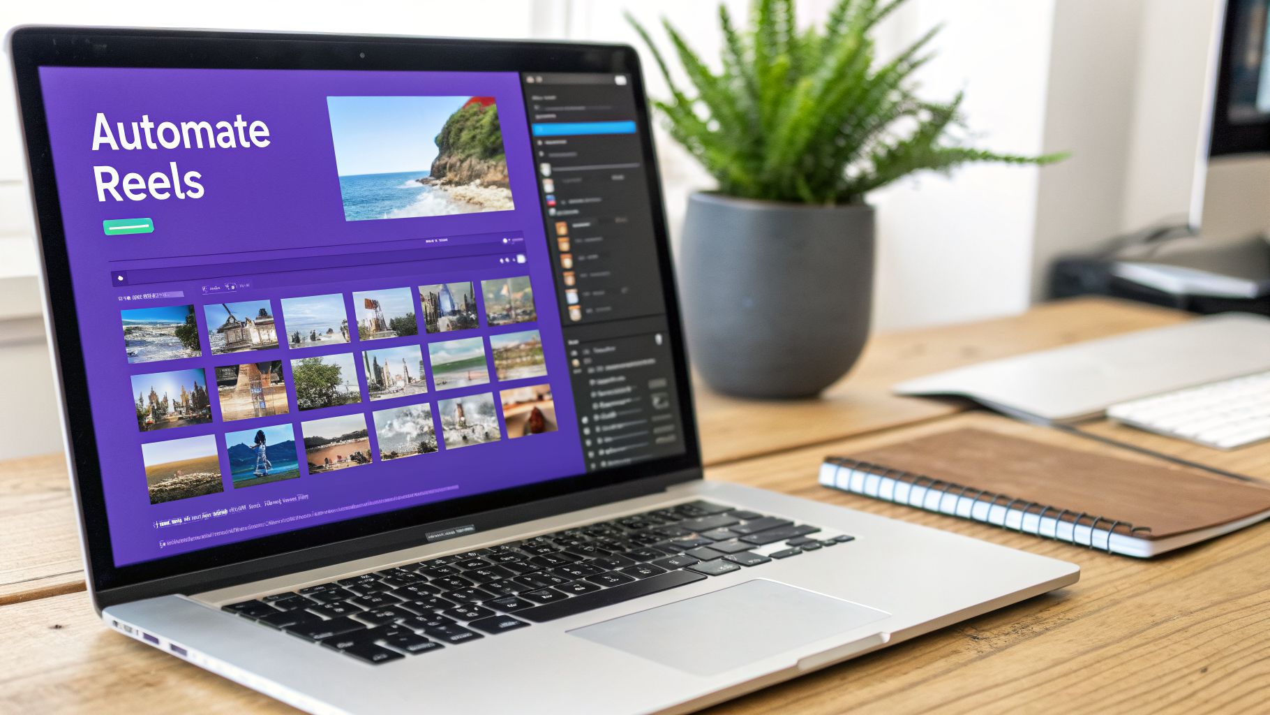 A laptop on a wooden desk displays a purple interface for automating reels with many image thumbnails.