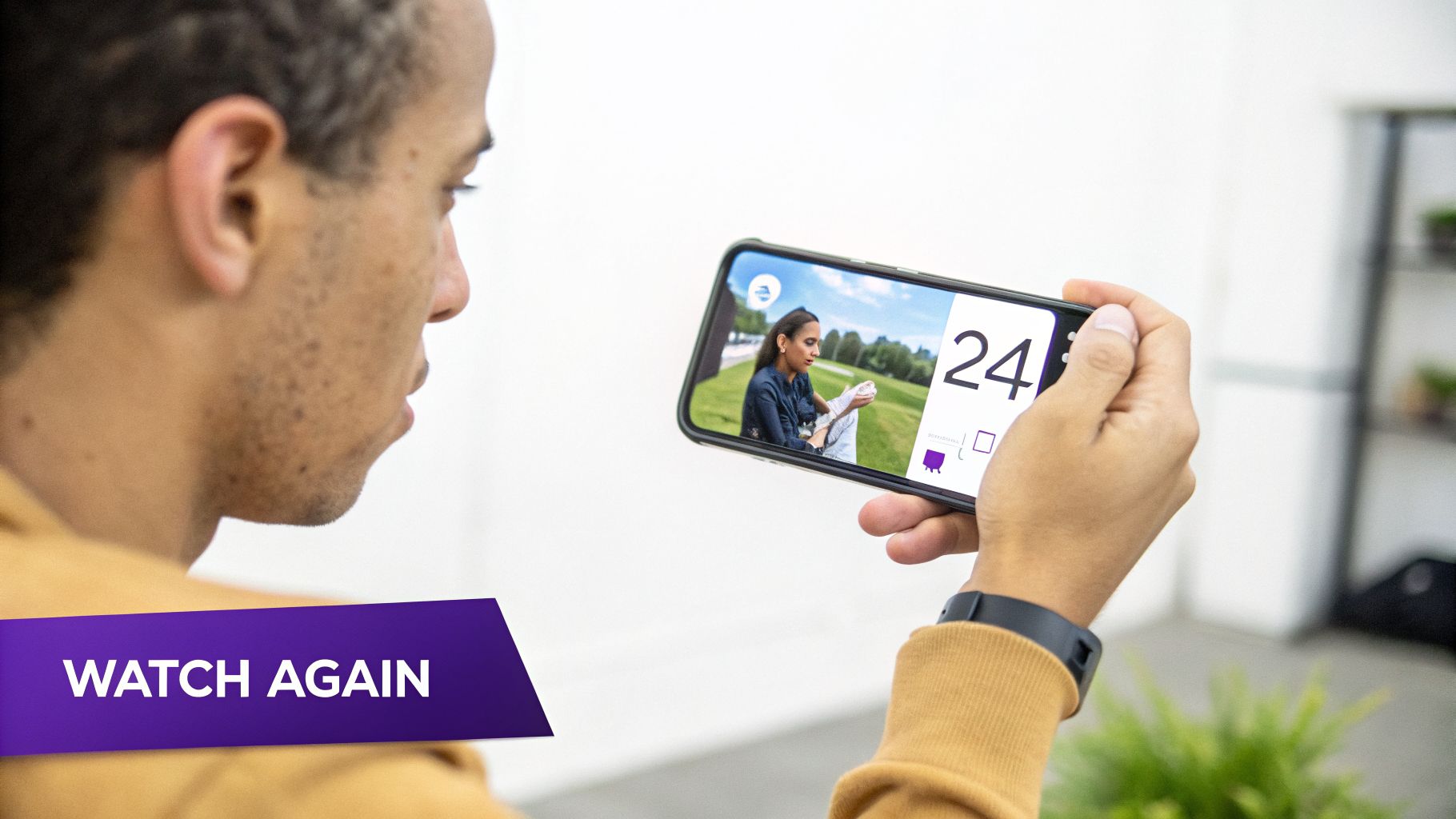 A man holds a smartphone horizontally, watching a video of a woman outdoors, with a 'WATCH AGAIN' banner.