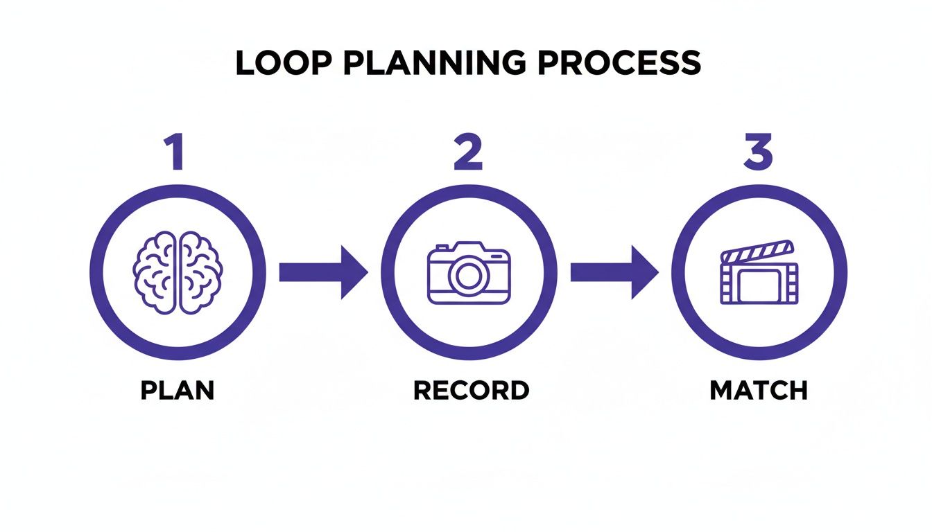 A diagram illustrating the loop planning process with three steps: Plan, Record, and Match, using icons.