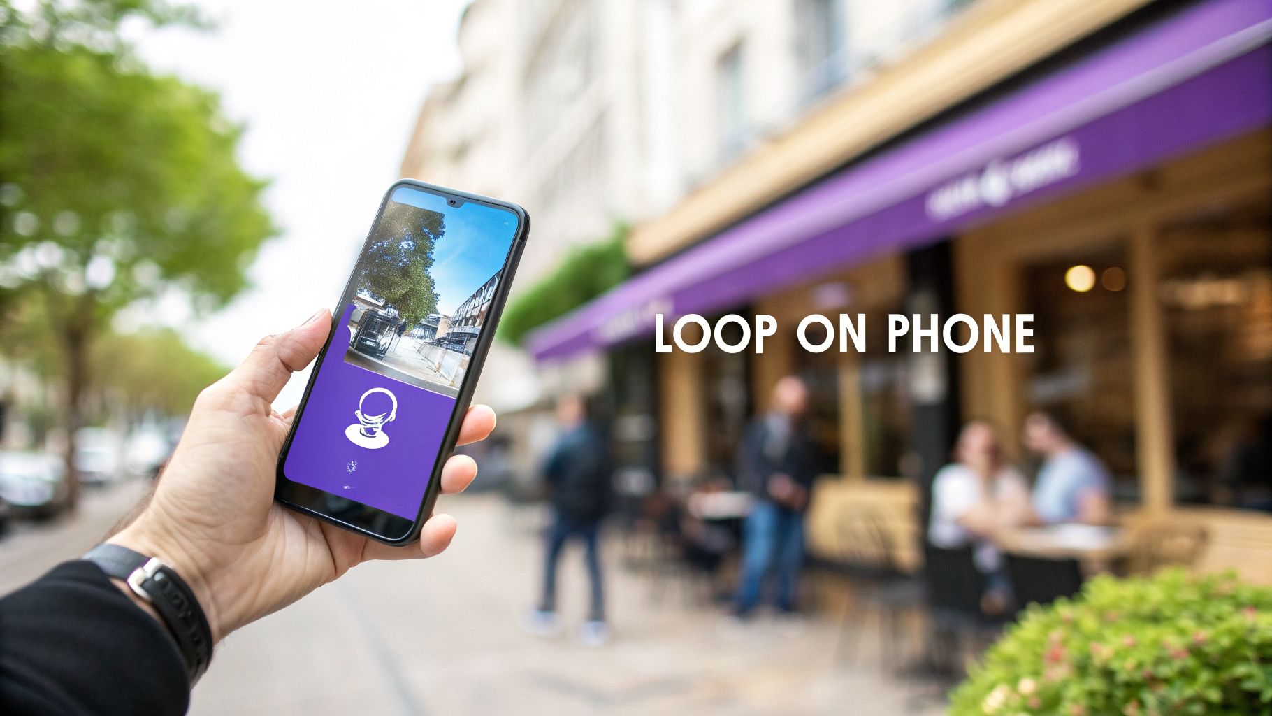 A hand holds a smartphone displaying a street scene and a purple app interface outdoors near a cafe.