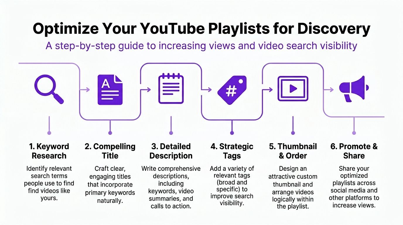 A six-step infographic detailing how to optimize YouTube playlists for better search visibility and increased views.