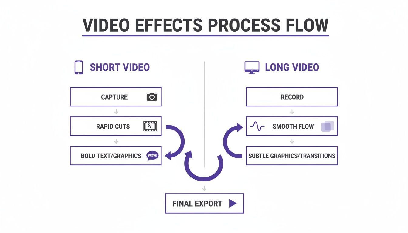 Flowchart detailing video effects process for short and long videos, from capture or record to final export.