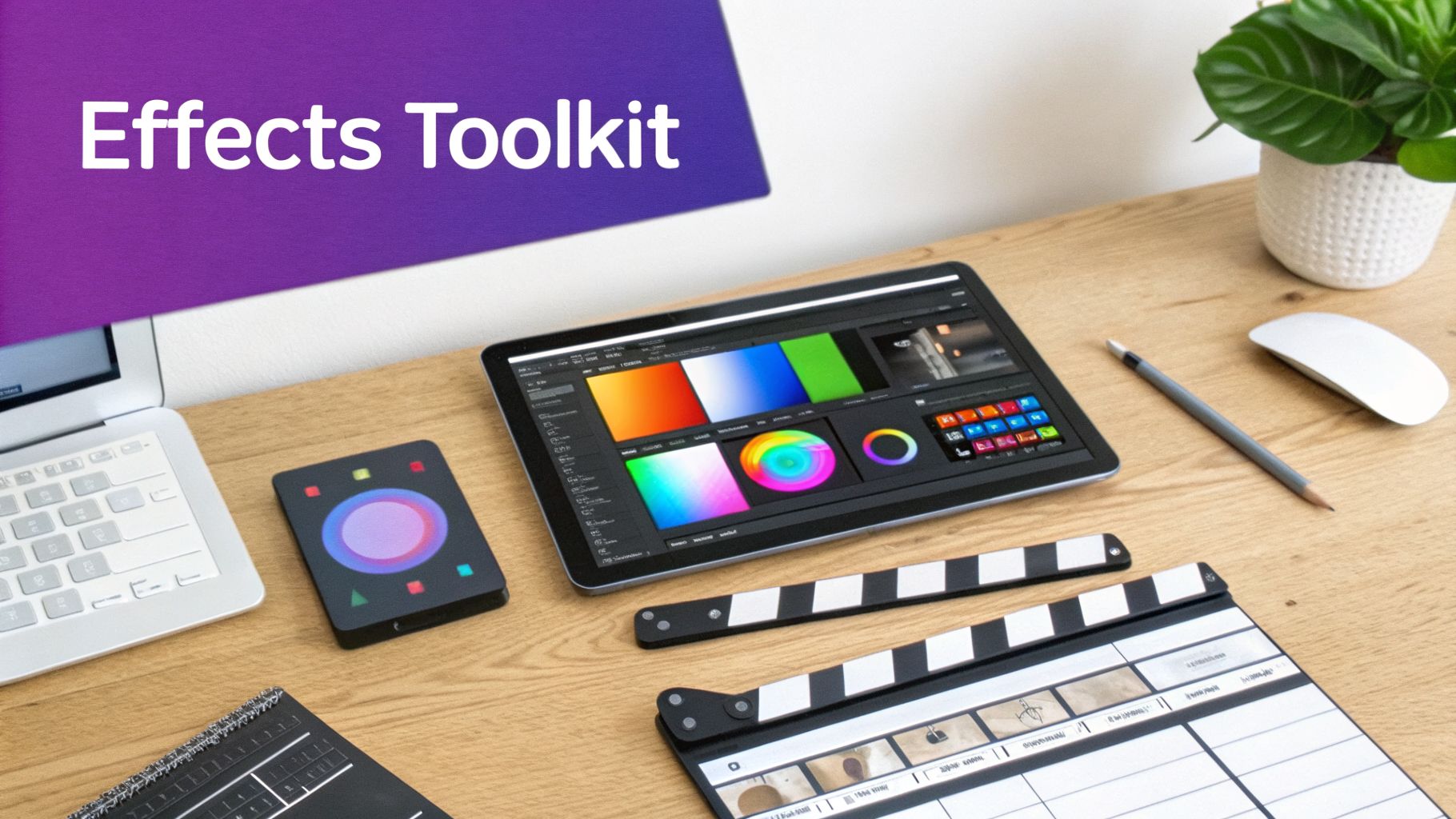 A creative workspace with a tablet displaying effects software, a laptop, and a clapperboard, ideal for video editing.