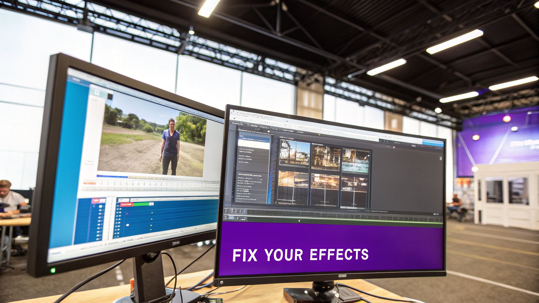 Two computer monitors in an office, displaying video editing software with 'FIX YOUR EFFECTS' text.