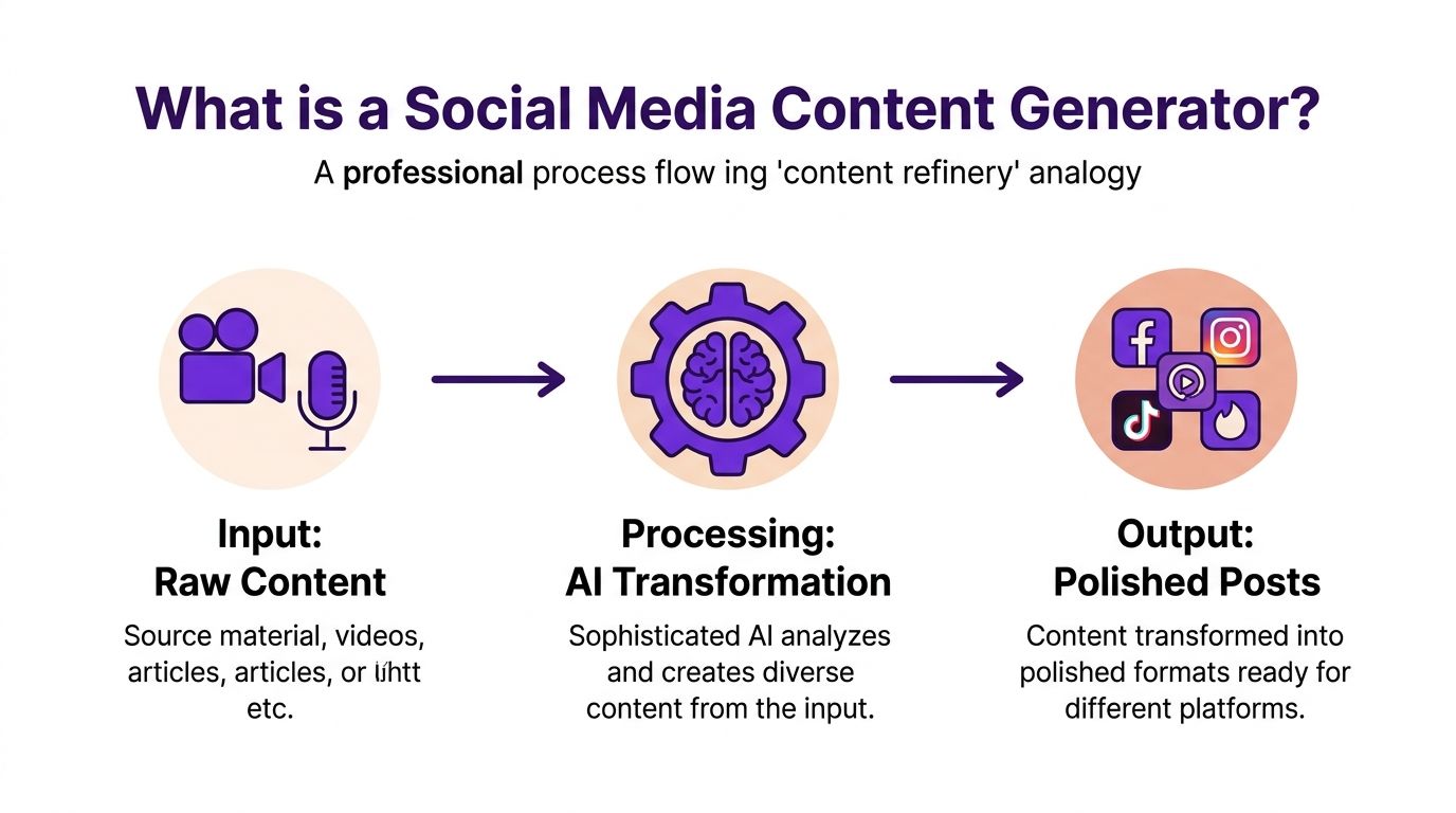 A diagram illustrating the process flow of a social media content generator from raw input to output.