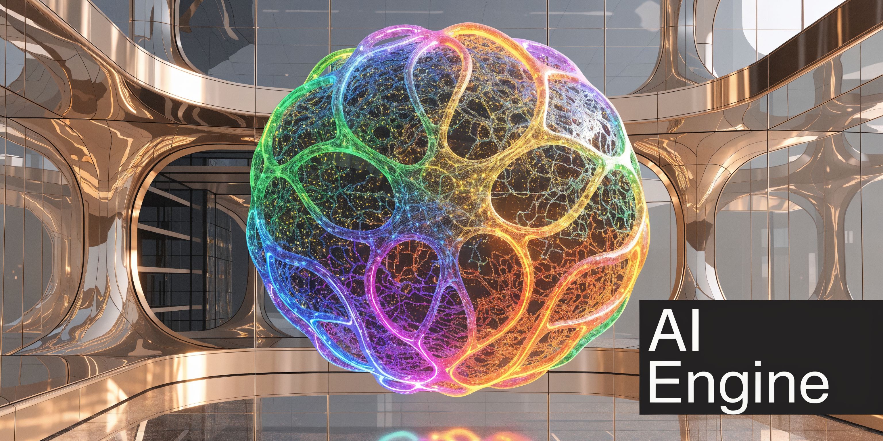 A futuristic glowing iridescent sphere floating inside a modern metallic architectural space representing artificial intelligence.