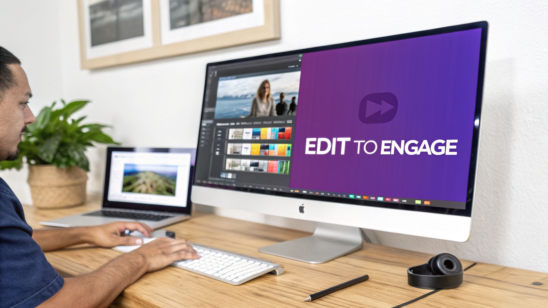 Man editing video on an Apple iMac and laptop, showing 'EDIT TO ENGAGE' on screen.