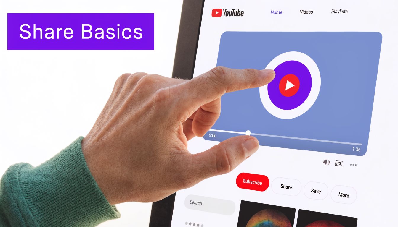 A person's hand interacting with a digital screen displaying a YouTube video page for sharing content.
