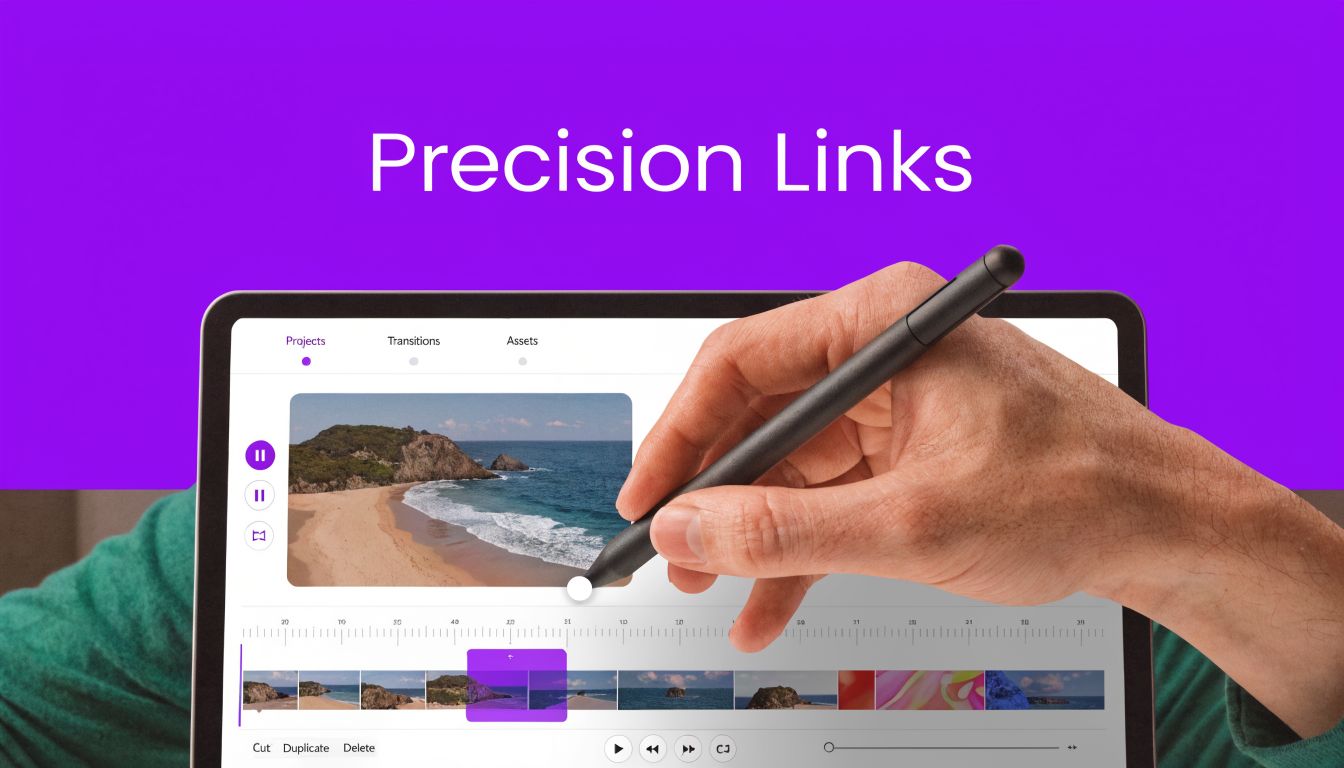 A hand using a stylus to edit a video project on a tablet screen interface.