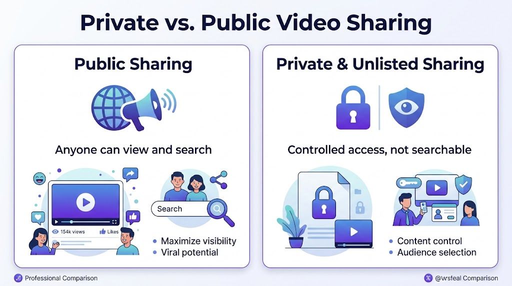A comparison infographic showing the differences between public video sharing and private or unlisted video sharing methods.