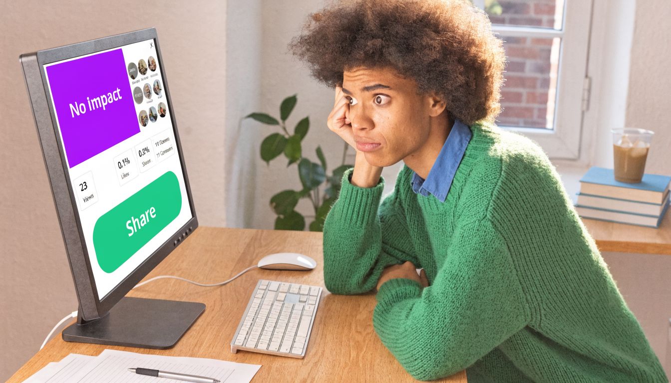 A young person with an afro looking disappointed while staring at a computer screen showing no engagement.