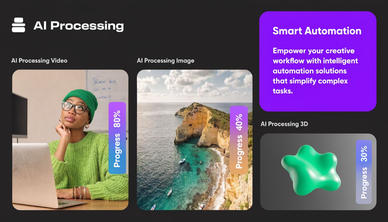 A dashboard display showing AI processing progress for video, image, and 3D design tasks.