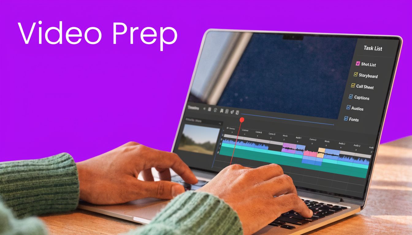A person editing a video project on a laptop with a task list visible on screen.