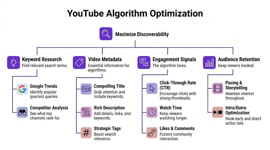 An infographic chart displaying strategies for YouTube algorithm optimization, covering keywords, metadata, engagement signals, and audience retention.
