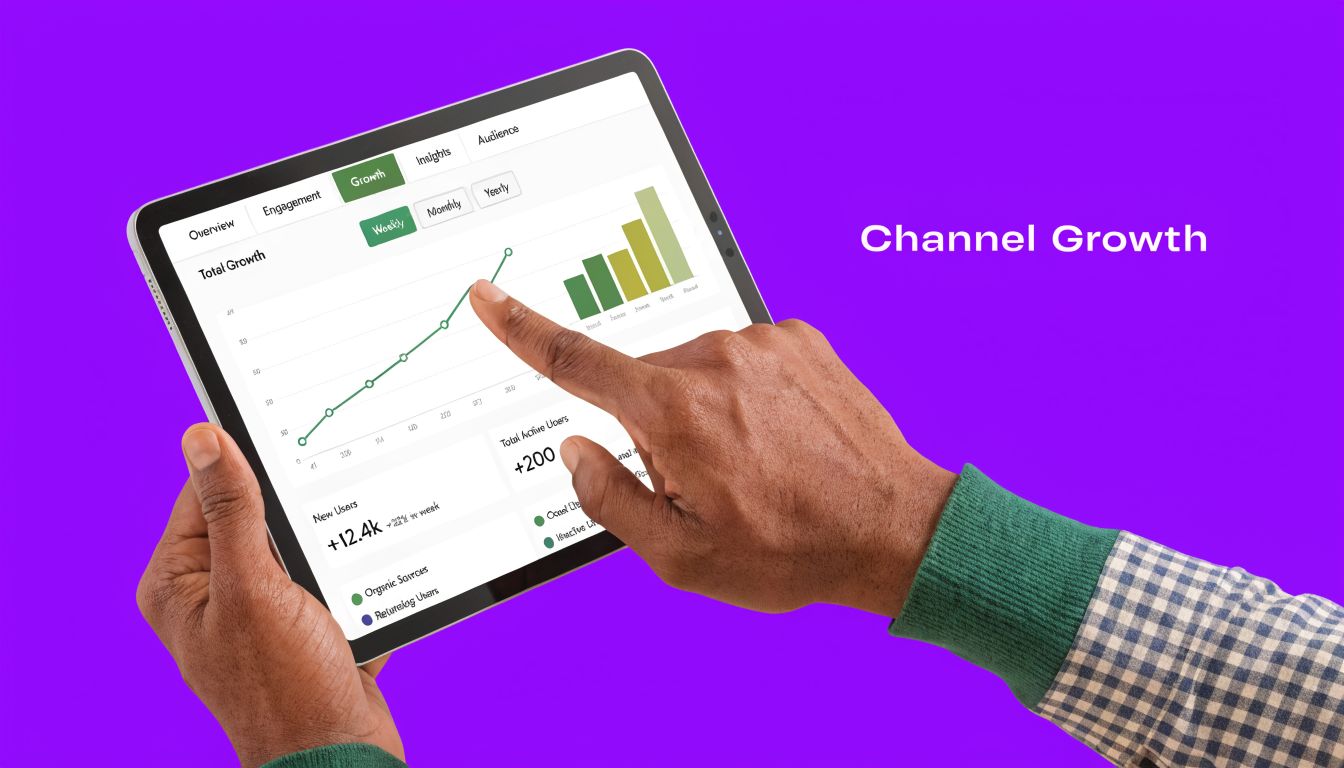 A person using a tablet to view channel growth analytics on a digital marketing dashboard interface.