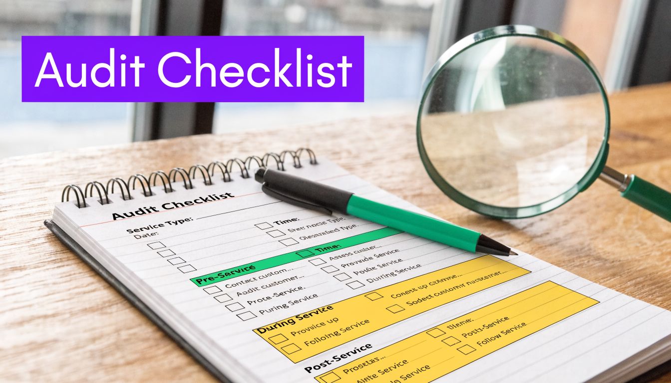 A magnifying glass resting on an audit checklist notebook with a green pen on a wooden table.