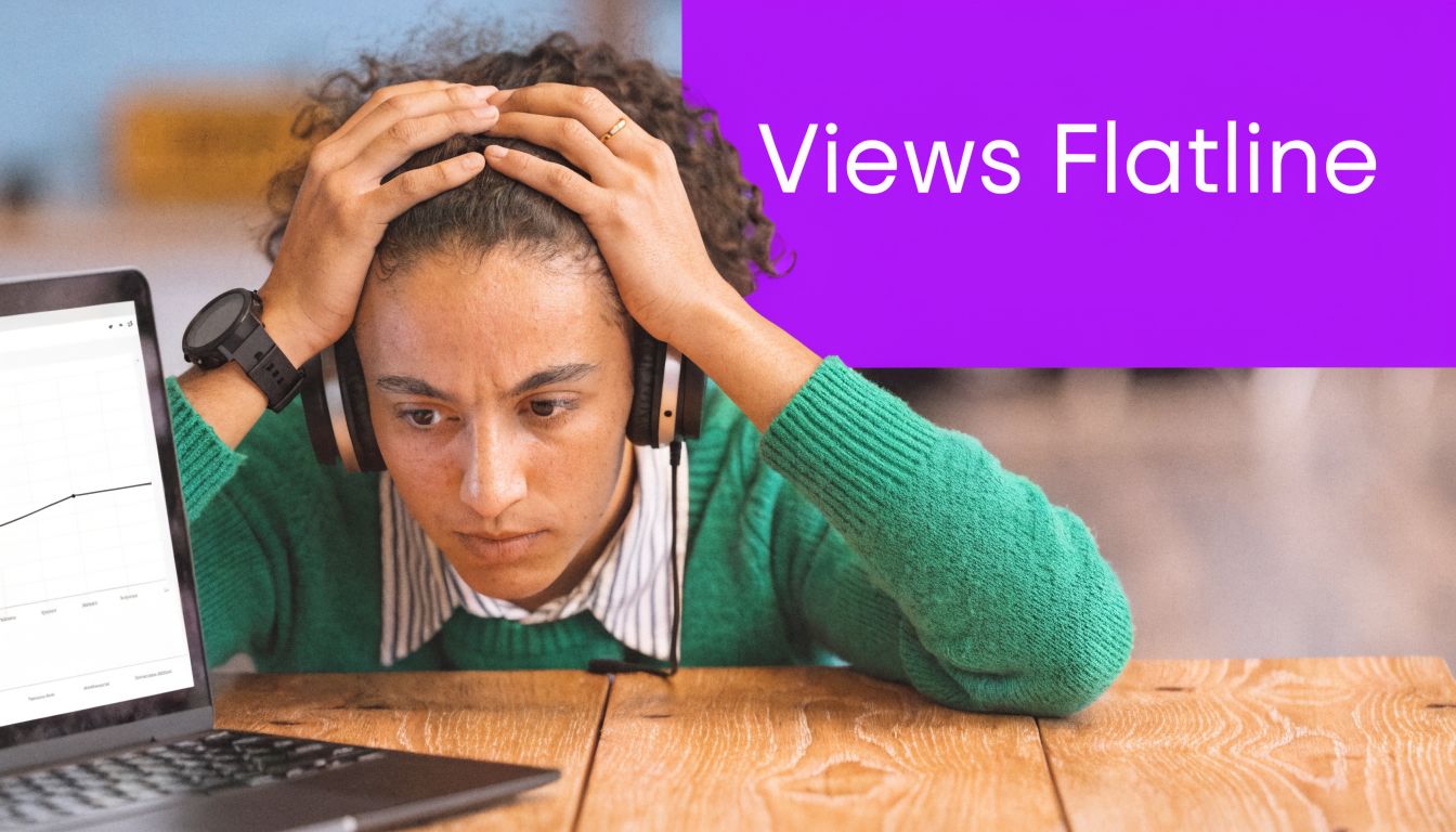 A stressed student wearing headphones stares at a flatlined performance graph on a laptop computer screen.