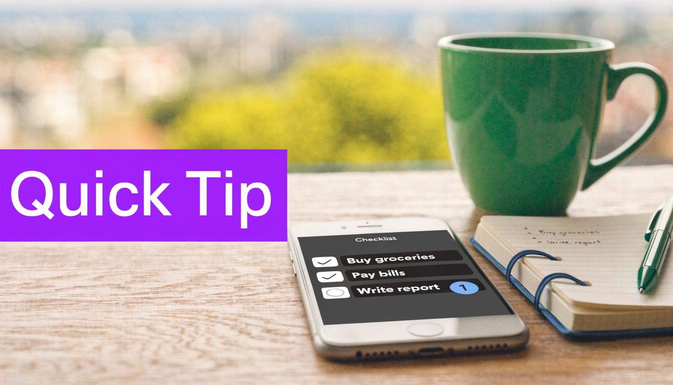 A smartphone displaying a checklist beside a coffee mug and a notebook on a wooden desk.
